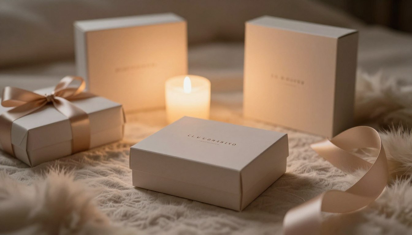 A modern, private packaging design for intimacy products, elegantly arranged on a soft, neutral fabric background. The foreground features a beautifully crafted, discreet box with minimalistic branding, surrounded by tastefully designed accessories, such as silk ribbons and soft faux fur. In the middle, a gentle glow of warm, ambient lighting casts soft shadows, enhancing the cozy and intimate atmosphere, reminiscent of a romantic setting. The background is softly blurred to emphasize the packaging while maintaining a sense of mystery and elegance. The overall mood is inviting and sophisticated, evoking a feeling of trust and privacy for potential buyers. The image captures the essence of discretion in romance.