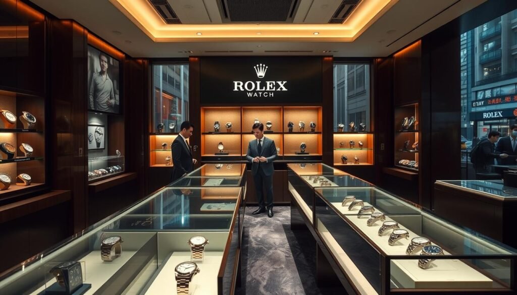 A sleek interior of a high-end Rolex boutique named "Club Watch" in Hong Kong. The foreground features elegant display cases showcasing various Rolex watches, illuminated with soft, warm lighting that highlights their luxurious details. In the middle background, an attentive, professional salesperson in a tailored suit is assisting a well-dressed customer, both engaged in conversation. The store's walls are adorned with dark wood paneling and plush carpeting, enhancing the upscale atmosphere. Large windows in the background reveal a glimpse of Hong Kong's bustling streets, allowing natural light to filter in, creating a sophisticated ambiance. The overall mood is one of exclusivity and elegance, inviting viewers into the world of luxury watch retail.