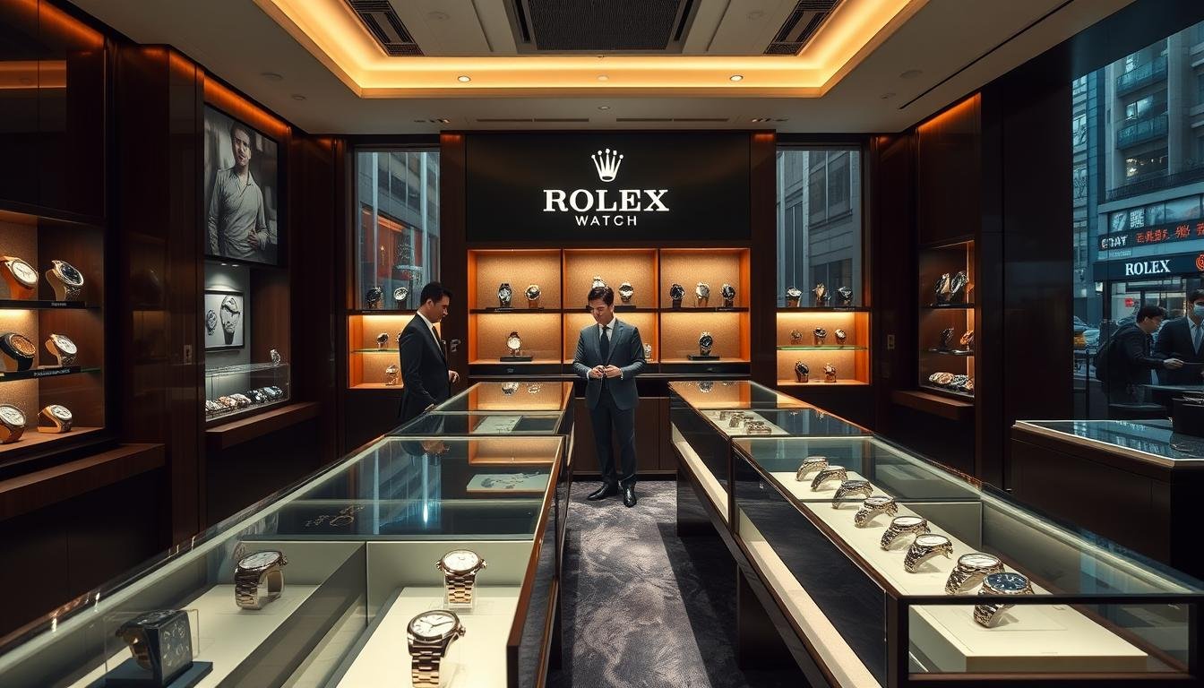 A sleek interior of a high-end Rolex boutique named "Club Watch" in Hong Kong. The foreground features elegant display cases showcasing various Rolex watches, illuminated with soft, warm lighting that highlights their luxurious details. In the middle background, an attentive, professional salesperson in a tailored suit is assisting a well-dressed customer, both engaged in conversation. The store's walls are adorned with dark wood paneling and plush carpeting, enhancing the upscale atmosphere. Large windows in the background reveal a glimpse of Hong Kong's bustling streets, allowing natural light to filter in, creating a sophisticated ambiance. The overall mood is one of exclusivity and elegance, inviting viewers into the world of luxury watch retail.