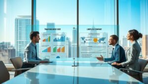 A visually striking comparison image illustrating the cost and structural advantages of a limitless company, set in a modern office environment. In the foreground, a diverse group of four professionals in business attire—two men and two women—are engaged in a discussion around a sleek conference table, with charts and graphs depicting costs and structures on digital screens. The middle ground features a large, transparent display showcasing two contrasting infographics: one highlighting traditional business costs and the other outlining the streamlined structure of a limitless company. In the background, large windows reveal a bustling cityscape under clear blue skies. The lighting is bright and natural, projecting a positive atmosphere of innovation and collaboration, captured with a wide-angle lens for dramatic effect.
