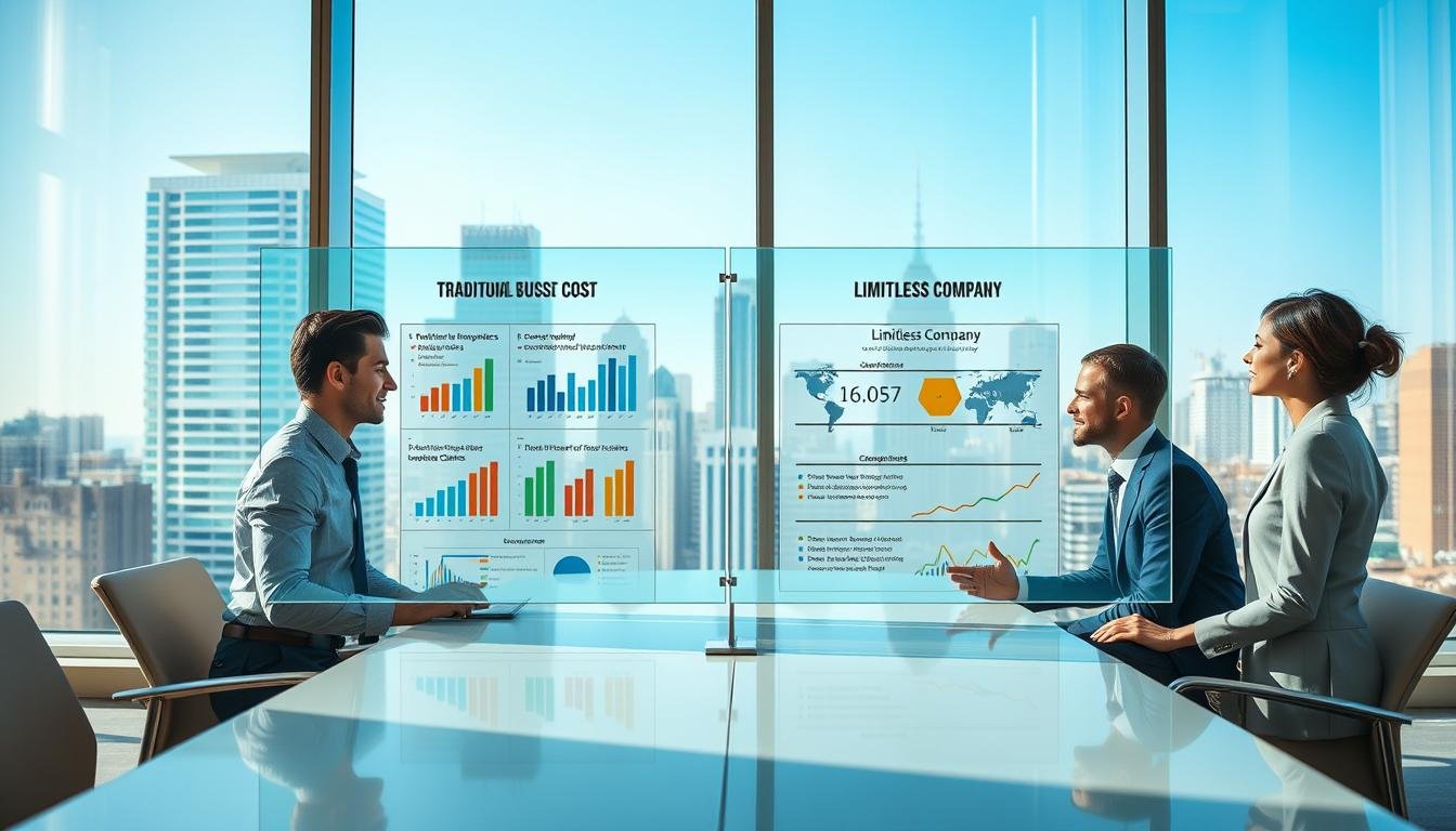 A visually striking comparison image illustrating the cost and structural advantages of a limitless company, set in a modern office environment. In the foreground, a diverse group of four professionals in business attire—two men and two women—are engaged in a discussion around a sleek conference table, with charts and graphs depicting costs and structures on digital screens. The middle ground features a large, transparent display showcasing two contrasting infographics: one highlighting traditional business costs and the other outlining the streamlined structure of a limitless company. In the background, large windows reveal a bustling cityscape under clear blue skies. The lighting is bright and natural, projecting a positive atmosphere of innovation and collaboration, captured with a wide-angle lens for dramatic effect.