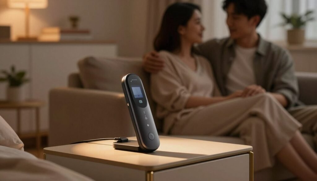 A cozy and intimate scene set in a softly lit room, showcasing a sophisticated electric personal device placed elegantly on a stylish bedside table. In the foreground, the device is highlighted by warm ambient lighting, casting gentle shadows that emphasize its sleek design. In the middle ground, a couple is seated on a plush sofa, dressed in comfortable but modest casual clothing, exuding a sense of connection and shared experience. The background features a softly blurred view of the room adorned with tasteful décor, creating a romantic atmosphere. The overall mood is cinematic, warm, and inviting, ideal for illustrating a thoughtful reflection on personal experiences with electric personal devices, presented in a tasteful and professional manner.
