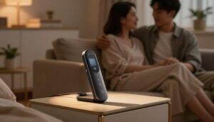 A cozy and intimate scene set in a softly lit room, showcasing a sophisticated electric personal device placed elegantly on a stylish bedside table. In the foreground, the device is highlighted by warm ambient lighting, casting gentle shadows that emphasize its sleek design. In the middle ground, a couple is seated on a plush sofa, dressed in comfortable but modest casual clothing, exuding a sense of connection and shared experience. The background features a softly blurred view of the room adorned with tasteful décor, creating a romantic atmosphere. The overall mood is cinematic, warm, and inviting, ideal for illustrating a thoughtful reflection on personal experiences with electric personal devices, presented in a tasteful and professional manner.