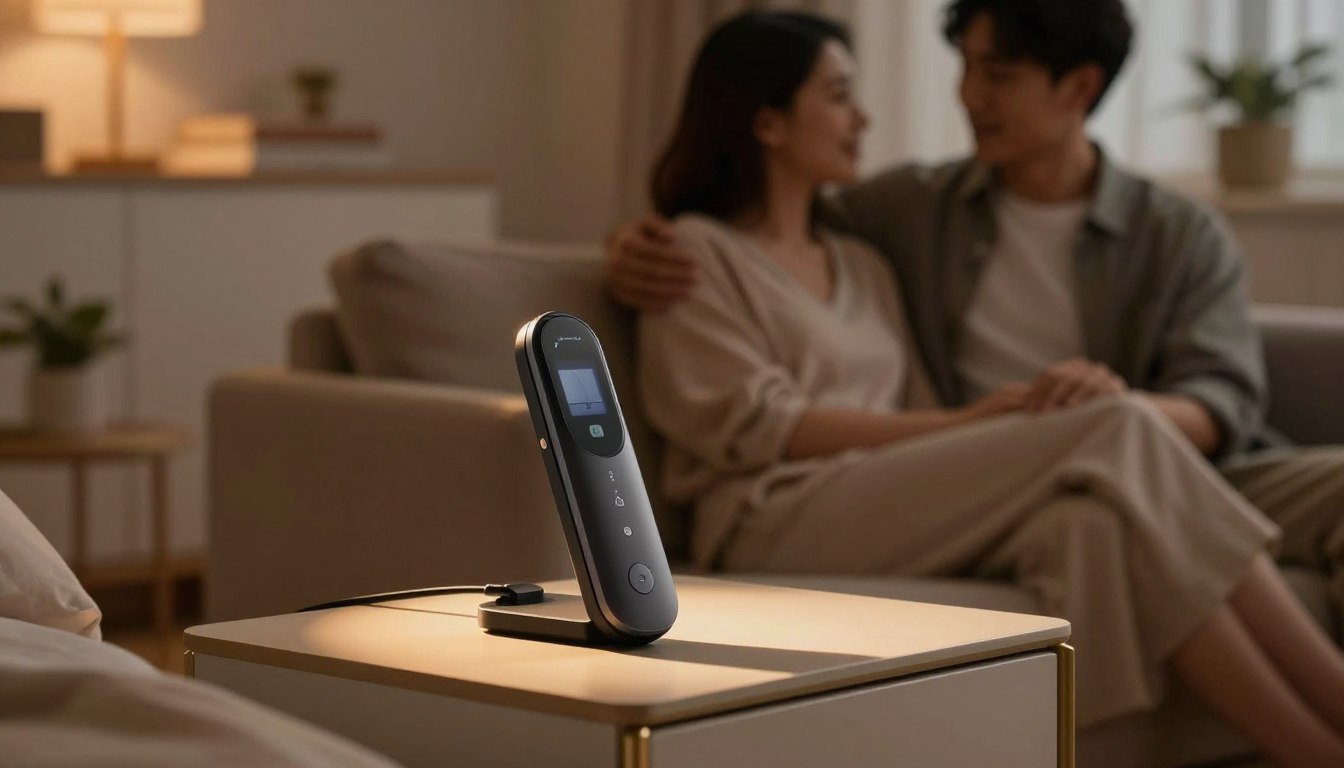 A cozy and intimate scene set in a softly lit room, showcasing a sophisticated electric personal device placed elegantly on a stylish bedside table. In the foreground, the device is highlighted by warm ambient lighting, casting gentle shadows that emphasize its sleek design. In the middle ground, a couple is seated on a plush sofa, dressed in comfortable but modest casual clothing, exuding a sense of connection and shared experience. The background features a softly blurred view of the room adorned with tasteful décor, creating a romantic atmosphere. The overall mood is cinematic, warm, and inviting, ideal for illustrating a thoughtful reflection on personal experiences with electric personal devices, presented in a tasteful and professional manner.