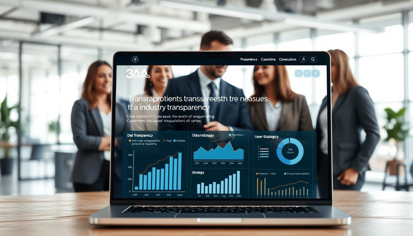 A modern, sleek 3A gaming website interface showcasing transparent measures aimed at promoting industry transparency. In the foreground, display a polished laptop screen with graphs and analytics that illustrate data transparency and user engagement metrics. The middle ground features a diverse group of professionals in business attire discussing strategies, highlighting collaboration and commitment to self-regulation. The background depicts a bright, open office environment with large windows, allowing natural light to flood in, enhancing a sense of openness and innovation. Use a slight depth of field to focus on the laptop while softening the professionals, creating a dynamic yet professional atmosphere. The overall mood should convey trust, accountability, and forward-thinking in the industry.