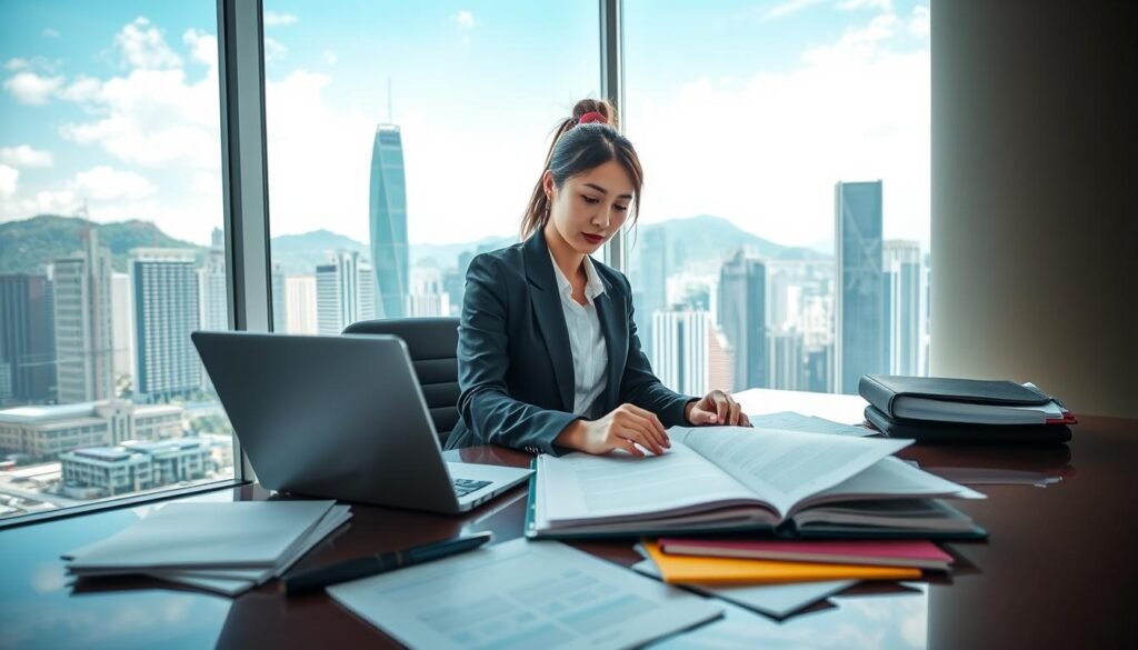 A professional company secretary working in a sleek, modern office in Hong Kong. In the foreground, a well-dressed female secretary, wearing a tailored suit, is seated at a stylish desk with a laptop, organizing documents and taking notes. The middle layer features an open planner and corporate files scattered neatly around the desk to showcase a busy, efficient workspace. In the background, large windows reveal a vibrant cityscape of Hong Kong with skyscrapers and a clear blue sky, reflecting a sense of opportunity and professionalism. Soft, natural daylight illuminates the scene, creating a warm, inviting atmosphere. The overall mood conveys diligence, responsibility, and professionalism, emphasizing the importance of a qualified company secretary in business operations. A professional company secretary working in a sleek, modern office in Hong Kong. In the foreground, a well-dressed female secretary, wearing a tailored suit, is seated at a stylish desk with a laptop, organizing documents and taking notes. The middle layer features an open planner and corporate files scattered neatly around the desk to showcase a busy, efficient workspace. In the background, large windows reveal a vibrant cityscape of Hong Kong with skyscrapers and a clear blue sky, reflecting a sense of opportunity and professionalism. Soft, natural daylight illuminates the scene, creating a warm, inviting atmosphere. The overall mood conveys diligence, responsibility, and professionalism, emphasizing the importance of a qualified company secretary in business operations.