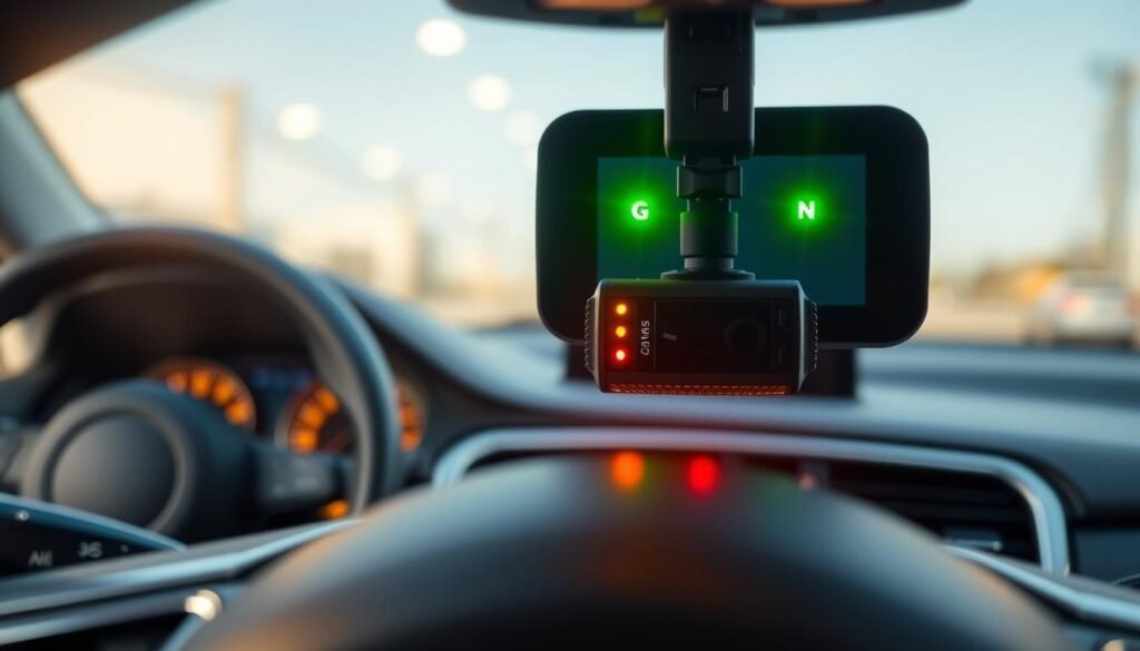 A close-up view of a car dashboard featuring a forward-focused camera display panel, showcasing the specific indicator lights of a dash camera. The panel is illuminated with vibrant green, yellow, and red lights, clearly indicating the status of the recording function. The foreground captures the intricate details of the dashboard, highlighting various buttons and dials. The middle ground features the dashboard camera, sleek and modern, with a reflective surface that catches the ambient light. In the background, the interior of a vehicle is softly blurred, hinting at a driving environment. The lighting is bright and clear, creating a professional yet welcoming atmosphere, emphasizing the importance of vehicle safety and technology. No text, logos, or watermarks included. A close-up view of a car dashboard featuring a forward-focused camera display panel, showcasing the specific indicator lights of a dash camera. The panel is illuminated with vibrant green, yellow, and red lights, clearly indicating the status of the recording function. The foreground captures the intricate details of the dashboard, highlighting various buttons and dials. The middle ground features the dashboard camera, sleek and modern, with a reflective surface that catches the ambient light. In the background, the interior of a vehicle is softly blurred, hinting at a driving environment. The lighting is bright and clear, creating a professional yet welcoming atmosphere, emphasizing the importance of vehicle safety and technology. No text, logos, or watermarks included.