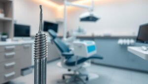 A dental setting featuring an advanced NiTi rotary instrument, specifically a Du Yagen dental tool, prominently displayed in the foreground. The instrument should be detailed, showcasing its spiral design and fine tips, gleaming under bright clinical lighting. In the middle ground, include a dental chair and a gentle, well-organized dental workspace, with essential tools neatly arranged. The background should depict a soft-focus, modern dental clinic atmosphere, emphasizing cleanliness and professionalism. Use a blend of cool and warm tones to create a welcoming yet clinical ambiance. The image should convey a sense of innovation and precision, reflecting the sophisticated technology used in endodontic treatments. The angle should be slightly elevated, focusing on the instrument while capturing the overall environment without any distractions or overlays.