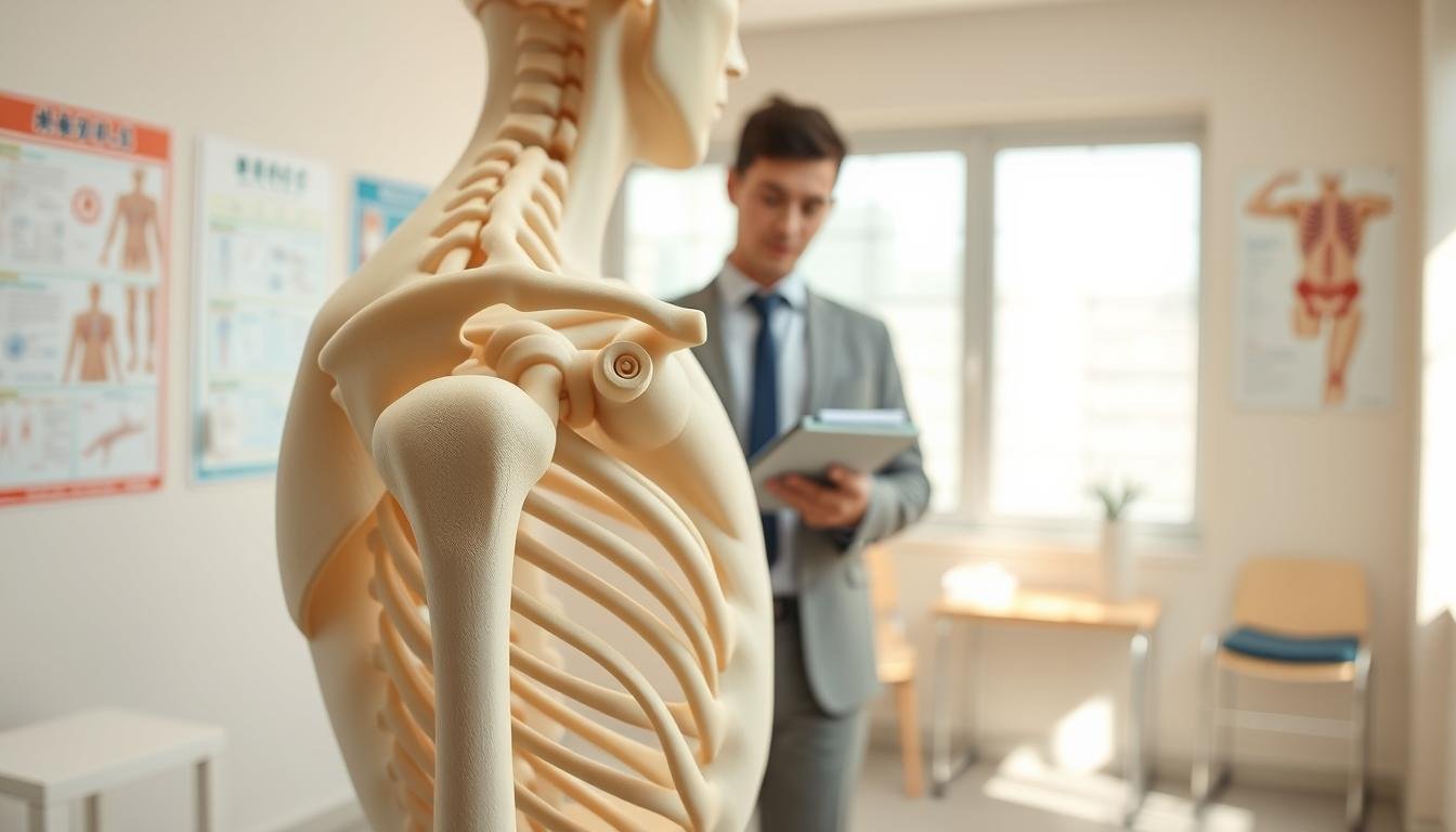 A detailed anatomical illustration of the shoulder joint, specifically focusing on the HK sports rehabilitation context. In the foreground, showcase a well-defined model of a human shoulder joint, highlighting key structures such as the humerus, scapula, and rotator cuff. Use a clean and clinical style, with clear labels for each component. In the middle ground, depict a professional physiotherapist in smart casual attire, observing the shoulder anatomy with a notepad, symbolizing assessment and diagnosis. The background should feature a softly blurred rehabilitation clinic setting with medical charts and anatomical posters, enhancing the educational atmosphere. Use bright, natural lighting to create a focused yet inviting environment, emphasizing professionalism and care.