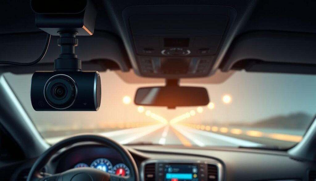 A detailed illustration of a car's dashboard showing the installation of a dashcam, with emphasis on the wiring and connectivity to the vehicle’s power system. In the foreground, a close-up of the dashcam mounted on the windshield, with visible indicators showing it is recording. The middle section features the dashboard with a clear view of the car's power system connections, including highlighted wiring and power indicators. In the background, a serene yet technical atmosphere is created with soft, ambient lighting that highlights the dashboard controls. The image should convey a sense of professionalism and clarity, ideal for a technical article, while ensuring no human figures are present. A detailed illustration of a car's dashboard showing the installation of a dashcam, with emphasis on the wiring and connectivity to the vehicle’s power system. In the foreground, a close-up of the dashcam mounted on the windshield, with visible indicators showing it is recording. The middle section features the dashboard with a clear view of the car's power system connections, including highlighted wiring and power indicators. In the background, a serene yet technical atmosphere is created with soft, ambient lighting that highlights the dashboard controls. The image should convey a sense of professionalism and clarity, ideal for a technical article, while ensuring no human figures are present.