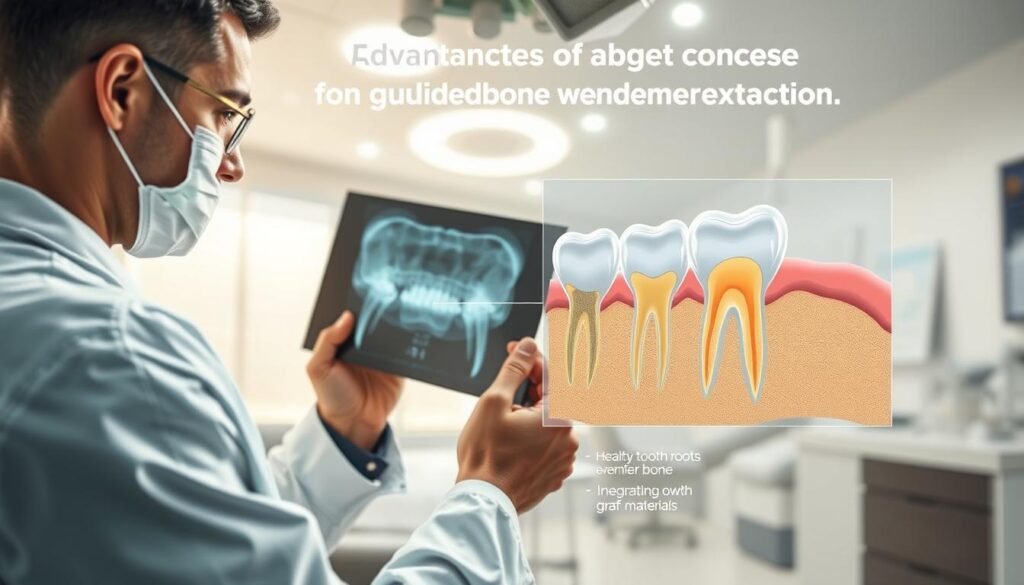 A detailed illustration showing the advantages of guided bone regeneration after wisdom tooth extraction. In the foreground, depict a professional dental surgeon in a lab coat, examining a patient's dental X-ray with a focused expression. In the middle ground, a transparent diagram highlights the bone regeneration process, showcasing healthy tooth roots and surrounding bone with an emphasis on the integration of graft materials. The background should feature a modern dental clinic with bright, soft lighting that conveys a clean and sterile environment. The overall mood should evoke a sense of hope and healing, emphasizing the importance of guided bone regeneration for long-term dental health.