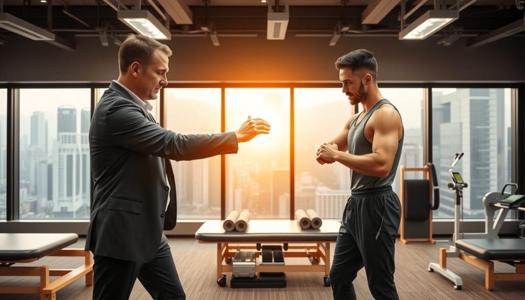 A dynamic sports therapy scene that showcases injury prevention and care in an urban sports clinic in Hong Kong. In the foreground, a professional sports therapist, dressed in smart casual attire, is demonstrating a stretching technique on a focused athlete, who is wearing athletic gear. In the middle ground, a set of treatment tables can be seen with various sports therapy equipment like foam rollers, resistance bands, and therapeutic machines, subtly illuminated by soft overhead lights. The background features a large window displaying a bustling cityscape, with a warm golden hour glow enhancing the atmosphere. The overall mood conveys professionalism, care, and a sense of community in sports therapy, emphasizing the importance of injury prevention and optimal athletic performance.