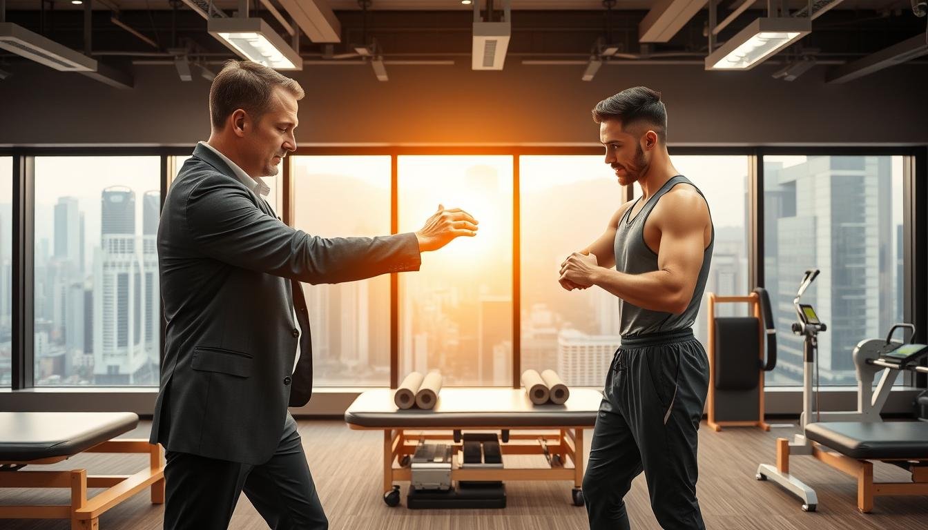 A dynamic sports therapy scene that showcases injury prevention and care in an urban sports clinic in Hong Kong. In the foreground, a professional sports therapist, dressed in smart casual attire, is demonstrating a stretching technique on a focused athlete, who is wearing athletic gear. In the middle ground, a set of treatment tables can be seen with various sports therapy equipment like foam rollers, resistance bands, and therapeutic machines, subtly illuminated by soft overhead lights. The background features a large window displaying a bustling cityscape, with a warm golden hour glow enhancing the atmosphere. The overall mood conveys professionalism, care, and a sense of community in sports therapy, emphasizing the importance of injury prevention and optimal athletic performance.