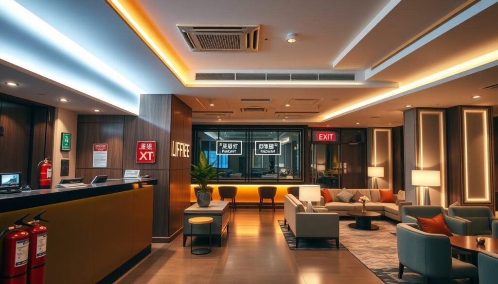 A modern Taipei KTV hotel interior, showcasing a well-designed fire safety layout. In the foreground, display a stylish reception area with fire safety equipment, including extinguishers and illuminated exit signs. In the middle, feature soundproofed karaoke rooms equipped with fire-resistant materials, and a clear, marked evacuation route along the walls. The background should include a spacious lounge area with elegant furnishings, adequately lit by soft, warm lights, emphasizing safety features like accessible exits. Use a slightly elevated angle to capture the entire scene, ensuring clarity and focus on the fire safety elements. The atmosphere should be calm yet secure, reflecting the importance of fire safety in bustling hospitality settings.
