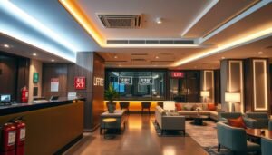 A modern Taipei KTV hotel interior, showcasing a well-designed fire safety layout. In the foreground, display a stylish reception area with fire safety equipment, including extinguishers and illuminated exit signs. In the middle, feature soundproofed karaoke rooms equipped with fire-resistant materials, and a clear, marked evacuation route along the walls. The background should include a spacious lounge area with elegant furnishings, adequately lit by soft, warm lights, emphasizing safety features like accessible exits. Use a slightly elevated angle to capture the entire scene, ensuring clarity and focus on the fire safety elements. The atmosphere should be calm yet secure, reflecting the importance of fire safety in bustling hospitality settings.
