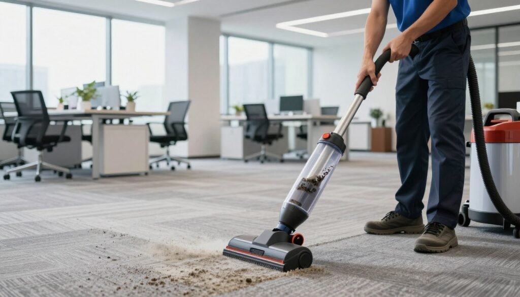 A modern office interior featuring a professional carpet cleaning service in action. In the foreground, a technician dressed in smart business attire is using advanced quick-dry carpet cleaning equipment, showcasing a powerful suction machine with a transparent container revealing collected dirt. The technician is focused and efficient. In the middle ground, a partly cleaned carpet is visibly drying, displaying the contrast between the clean and dirty sections. The background shows an organized office space with desks, chairs, and large windows that allow natural light to bathe the scene, creating a bright, clean atmosphere. The image conveys a sense of professionalism and efficiency, highlighting the benefits of quick-dry technology for office carpet cleaning. A modern office interior featuring a professional carpet cleaning service in action. In the foreground, a technician dressed in smart business attire is using advanced quick-dry carpet cleaning equipment, showcasing a powerful suction machine with a transparent container revealing collected dirt. The technician is focused and efficient. In the middle ground, a partly cleaned carpet is visibly drying, displaying the contrast between the clean and dirty sections. The background shows an organized office space with desks, chairs, and large windows that allow natural light to bathe the scene, creating a bright, clean atmosphere. The image conveys a sense of professionalism and efficiency, highlighting the benefits of quick-dry technology for office carpet cleaning.