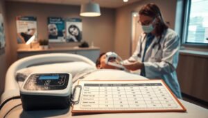 A professional healthcare setting featuring a doctor in a white coat examining a patient wearing a sleep apnea machine. The foreground shows the patient comfortably resting in a modern clinic bed, with the machine displaying clear indicators of usage. In the middle ground, a chart illustrating medical insurance coverage for sleep apnea devices can be seen on a clipboard beside the doctor. The background features medical posters related to sleep disorders and a softly lit reception area. The lighting is warm and inviting, creating a sense of care and professionalism. The angle is slightly angled from above to capture the interaction between the healthcare provider and the patient, conveying trust and support in the context of medical insurance necessity.