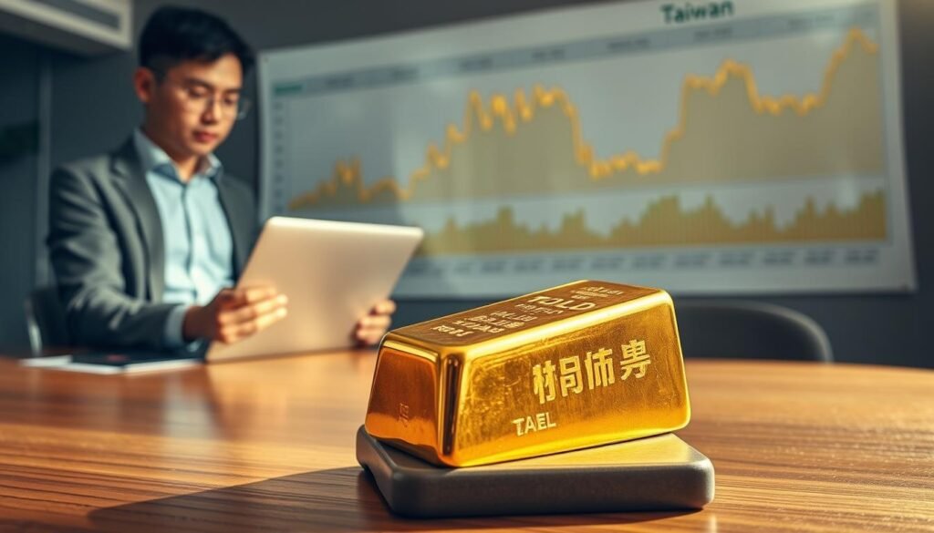 A visually engaging depiction of a gold investment strategy, featuring a close-up of a gold bar weighing one tael on a polished wooden table. On the left, a young professional in smart casual attire, analyzing investment charts on a laptop, evocative of a beginner investor contemplating gold investments. In the background, a wall chart displays historical data on gold prices in Taiwanese dollars, showcasing peaks and troughs, illuminated by soft, natural lighting. The atmosphere is focused and analytical, suggesting a mixture of excitement and caution regarding long-term investments. Use a slightly blurred depth of field to draw attention to the main subjects while keeping the gold bar and charts clearly visible, enhancing the feeling of investment research and strategy.