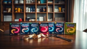 A visually striking display of a variety of Durex condom packaging, showcasing different styles and designs prominently in the foreground. The packages are arranged neatly on an elegant wooden table, surrounded by soft, diffused lighting that creates a warm and inviting atmosphere. In the middle ground, subtle elements like a measuring tape and a pair of professional scissors are positioned to emphasize the theme of precise fit and compatibility. In the background, a blurred shelf filled with additional health and wellness products creates context without overwhelming the main subject. The overall mood conveys professionalism and care, illustrating the importance of informed choices in sexual health without any explicit imagery or references.