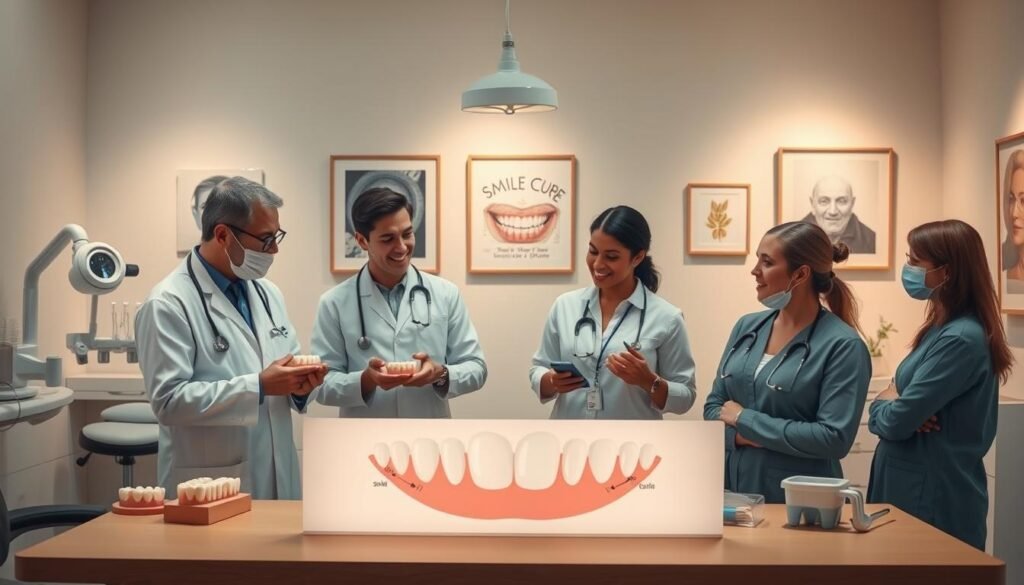 An elegant and informative illustration depicting the concept of the "smile curve" in dental aesthetics. The foreground includes a diverse group of professionals—two dentists and a dental hygienist—discussing the principles of the smile curve while examining models of teeth. In the middle ground, a large, visually appealing diagram of the smile curve showcases its definition and components, clearly indicating the ideal proportions of teeth aesthetics. The background features a softly lit dental clinic, complete with modern equipment and art related to oral health. The atmosphere is collaborative and educational, emphasizing the importance of understanding the complexity behind the aesthetics of a smile. The lighting is warm, creating a welcoming environment. The image captures a blend of professionalism and accessibility, inviting the viewer to explore the deeper meanings of dental aesthetics.