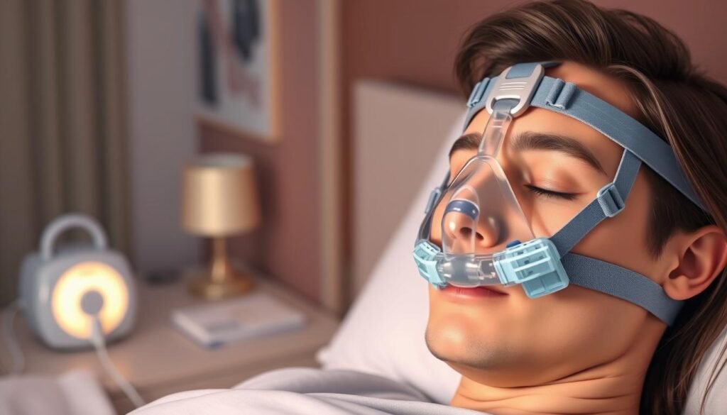 A detailed illustration of a sleep apnea patient's face wearing a well-fitted CPAP mask, emphasizing a secure fit to prevent displacement during sleep. The foreground features the mask snugly contouring to the patient's face, with subtle details highlighting the comfortable straps and seal. The middle ground shows a bedside table with a CPAP machine, and a softly glowing night light creating a peaceful atmosphere in the room. The background depicts a cozy bedroom environment with soft, warm colors, illustrating a sense of calm. The scene is lit with gentle, diffused lighting, and the angle focuses on the patient’s serene expression as they drift peacefully into sleep. A professional and soothing mood is present throughout the image. A detailed illustration of a sleep apnea patient's face wearing a well-fitted CPAP mask, emphasizing a secure fit to prevent displacement during sleep. The foreground features the mask snugly contouring to the patient's face, with subtle details highlighting the comfortable straps and seal. The middle ground shows a bedside table with a CPAP machine, and a softly glowing night light creating a peaceful atmosphere in the room. The background depicts a cozy bedroom environment with soft, warm colors, illustrating a sense of calm. The scene is lit with gentle, diffused lighting, and the angle focuses on the patient’s serene expression as they drift peacefully into sleep. A professional and soothing mood is present throughout the image.