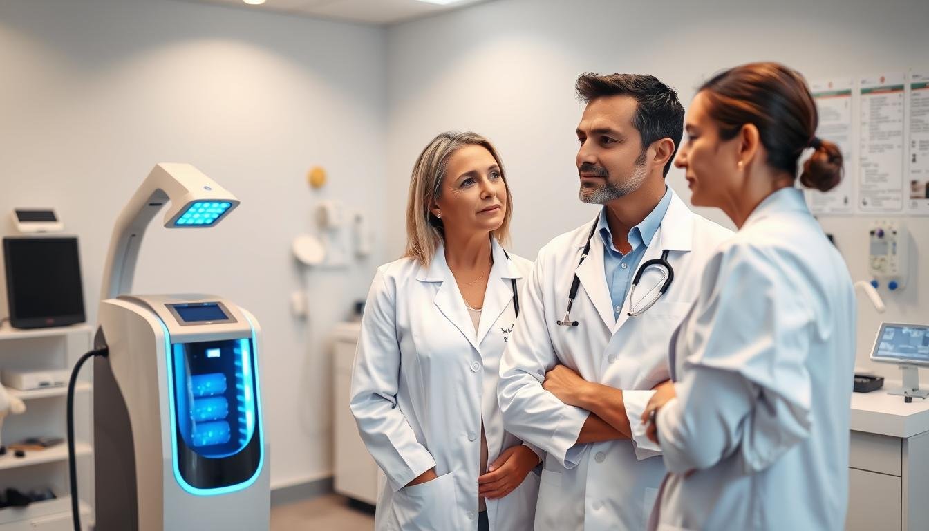 A modern clinical setting showcasing two distinct methods for warts removal; the foreground features a professional dermatologist in a white lab coat, standing attentively beside a patient, discussing treatment options. The middle ground highlights a high-tech CO2 laser device on one side, with soft blue lighting reflecting its advanced technology, and on the other side, a portable cryotherapy machine, exuding a cooler tone. The background displays an organized, sterile environment with medical charts and instruments neatly arranged. The scene is well-lit, emphasizing clarity and precision, creating a calm and informative atmosphere. The focus is on the techniques and tools, avoiding any depiction of the warts themselves or any patient discomfort.