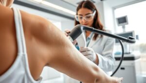 A modern, well-lit clinical setting showcasing a professional laser hair removal session. In the foreground, a carefully focused, close-up view of a patient’s arm being treated with a laser device, highlighting skin texture and the precise targeting of hair follicles. In the middle, a trained technician, dressed in a clean white lab coat and protective eyewear, attentively operating the laser, exuding confidence and professionalism. The background features sleek, bright walls and advanced medical equipment, emphasizing a sterile environment. Soft, natural light filters through large windows, creating a calm and inviting atmosphere. The image captures the essence of safety, expertise, and the transformative effects of permanent hair removal on different body parts.