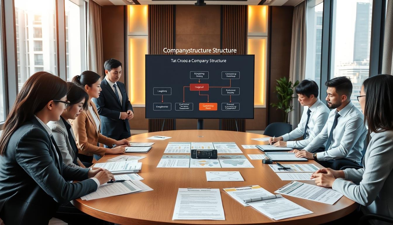 A professional setting illustrating the concept of company structure selection in Hong Kong. In the foreground, a diverse group of business people, dressed in professional attire, engage in a discussion around a large conference table filled with documents, charts, and diagrams illustrating different company structures. In the middle, a detailed flowchart on a screen shows factors to consider when choosing a company structure, such as taxation, liability, and compliance. The background features a modern office with elegant décor and large windows allowing natural light to illuminate the scene, creating a bright and hopeful atmosphere. The mood is collaborative and focused, symbolizing the careful decision-making process involved in starting a business.