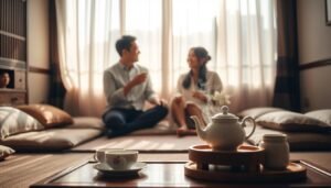 A serene tea room in Taichung, featuring a cozy setup with a low wooden table surrounded by comfortable cushions. In the foreground, a beautifully arranged tea set, complete with delicate porcelain cups, steaming tea, and jasmine flowers. The middle ground showcases a couple dressed in modest casual attire, enjoying their tea time, exchanging smiles and laughter, radiating a sense of relaxation and connection. The background reveals soft, natural light streaming in through a window adorned with sheer curtains, casting gentle shadows that add warmth to the scene. The atmosphere is romantic and intimate, perfect for unwinding and finding peace. The overall composition is balanced in a 4:3 aspect ratio, with a soft focus to enhance the cozy cinematic vibes.