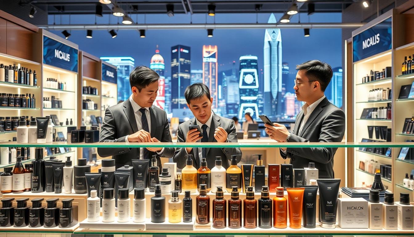 A vibrant scene depicting the market trends of male-oriented personal care products in Hong Kong for 2026, featuring a stylish retail space filled with various types of innovative and branded male personal care products. In the foreground, display a sleek modern display showcasing a variety of high-quality products in elegant packaging. In the middle, portray attentive men in professional business attire engaging with these products, examining them carefully. The background should feature a dynamic skyline of Hong Kong to emphasize the bustling market environment. The lighting is bright and inviting, with a warm color palette to create a positive atmosphere. The mood is informative yet engaging, reflecting the evolving consumer landscape in Hong Kong's personal care market.