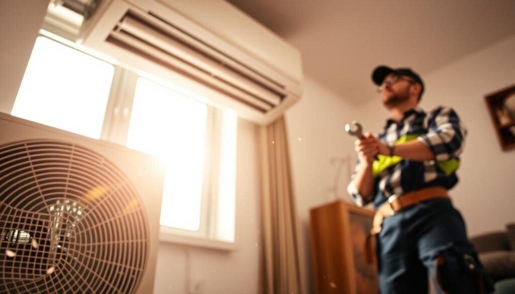 A close-up view of an air conditioning unit installed at a slight angle, prominently displayed in the foreground. The focus is on the unit's external features, showcasing a slightly tilted body and visible pipes, surrounded by a backdrop of a well-lit room. Soft natural light streaming through a nearby window highlights dust particles in the air, enhancing the atmosphere of a domestic setting. In the middle ground, a technician in professional attire, wearing a tool belt and holding a wrench, examines the installation. The composition conveys a sense of urgency, illustrating the importance of proper installation to avoid leaking issues, while the overall mood remains informative and professional.