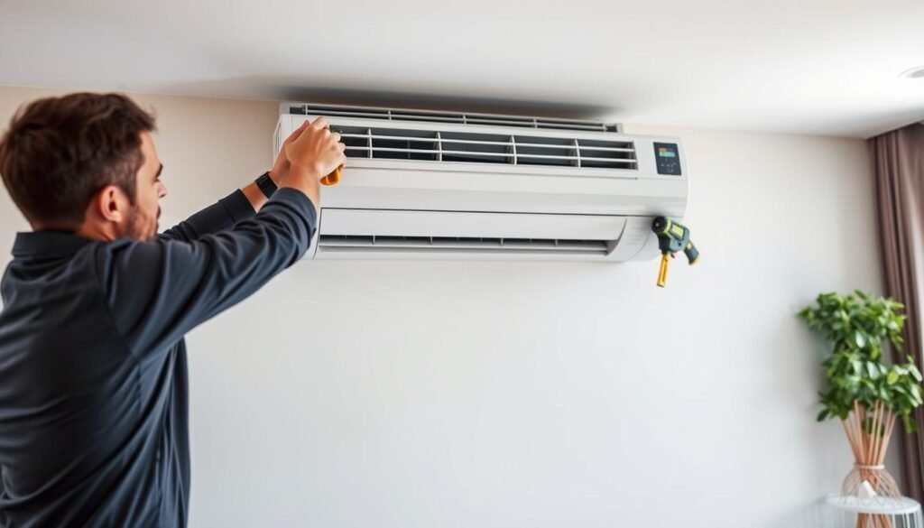 A professional installation of an air conditioning unit taking place in a modern living room setting. In the foreground, a technician in smart casual attire is carefully attaching the indoor unit to the wall, showcasing tools like a drill and level. The middle ground features a sleek, stylish air conditioner, with attention to details like vents and a remote control nearby. In the background, the room is well-lit with natural daylight streaming through a window, enhancing the bright and open atmosphere. The overall mood conveys a sense of professionalism and efficiency, emphasizing the importance of proper installation without distraction from text or branding.