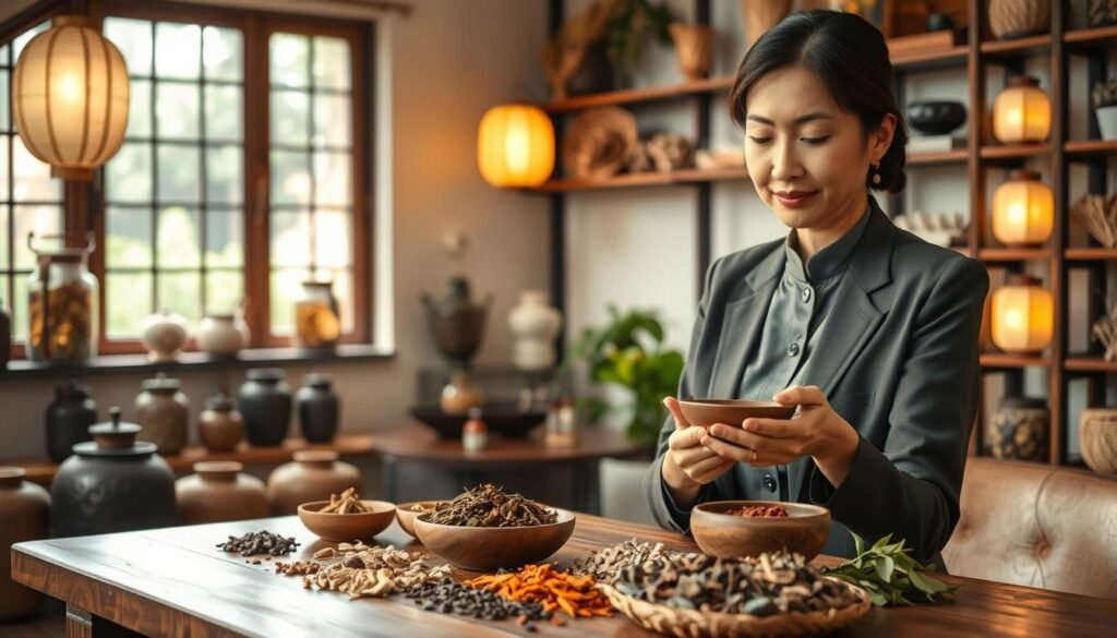 A serene Chinese herbal medicine clinic, showcasing traditional elements such as wooden shelves filled with jars of herbs and dried plants. In the foreground, a middle-aged female practitioner, dressed in a professional, modest business attire, examines herbal ingredients laid out on a wooden table. She holds a small bowl, symbolizing the preparation of herbal remedies for enhancing spleen health and eliminating dampness. The background features a softly lit room with paper lanterns emitting warm light, creating a calm and inviting atmosphere. A window reveals a tranquil garden outside, symbolizing balance and harmony. The image conveys dedication to wellness through traditional practices, aligning with the theme of gynecological health and holistic approaches in Chinese medicine.