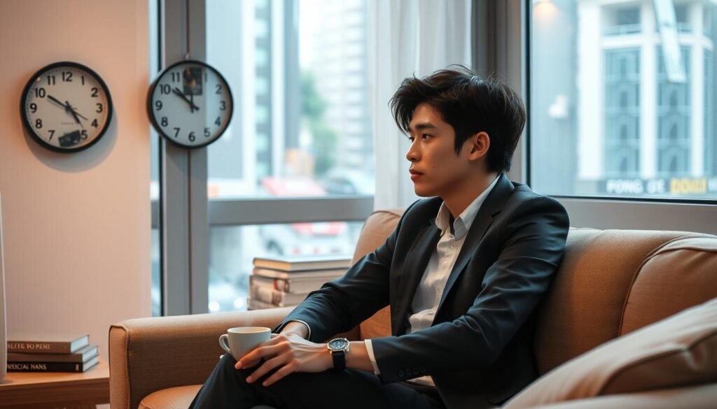 A serene indoor setting depicting a cozy living room in Hong Kong that reflects a high-pressure environment. In the foreground, a pensive young adult sits on a sofa, dressed in professional business attire, looking thoughtfully out of a window. Subtle signs of emotional struggle are present, such as a slightly furrowed brow and a cup of untouched tea beside them. In the middle, a wall clock and a stack of unread books symbolize the feeling of time slipping away. The background shows a window with a view of a bustling Hong Kong street, representing the external pressures of city life. Soft, warm lighting filters through the window, creating a supportive yet contemplative atmosphere that emphasizes the often-overlooked signs of depression in daily life.