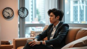 A serene indoor setting depicting a cozy living room in Hong Kong that reflects a high-pressure environment. In the foreground, a pensive young adult sits on a sofa, dressed in professional business attire, looking thoughtfully out of a window. Subtle signs of emotional struggle are present, such as a slightly furrowed brow and a cup of untouched tea beside them. In the middle, a wall clock and a stack of unread books symbolize the feeling of time slipping away. The background shows a window with a view of a bustling Hong Kong street, representing the external pressures of city life. Soft, warm lighting filters through the window, creating a supportive yet contemplative atmosphere that emphasizes the often-overlooked signs of depression in daily life.