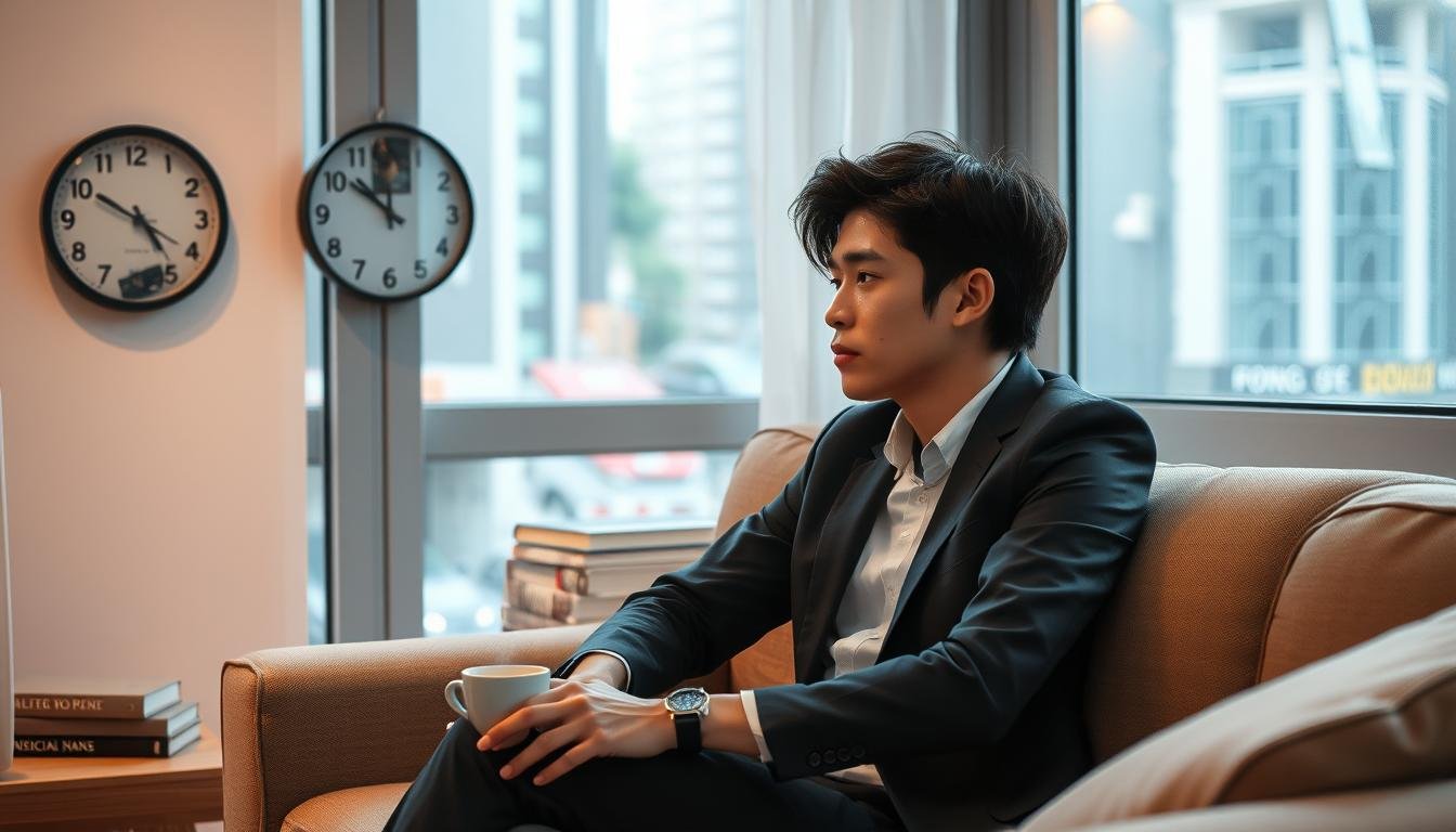 A serene indoor setting depicting a cozy living room in Hong Kong that reflects a high-pressure environment. In the foreground, a pensive young adult sits on a sofa, dressed in professional business attire, looking thoughtfully out of a window. Subtle signs of emotional struggle are present, such as a slightly furrowed brow and a cup of untouched tea beside them. In the middle, a wall clock and a stack of unread books symbolize the feeling of time slipping away. The background shows a window with a view of a bustling Hong Kong street, representing the external pressures of city life. Soft, warm lighting filters through the window, creating a supportive yet contemplative atmosphere that emphasizes the often-overlooked signs of depression in daily life.