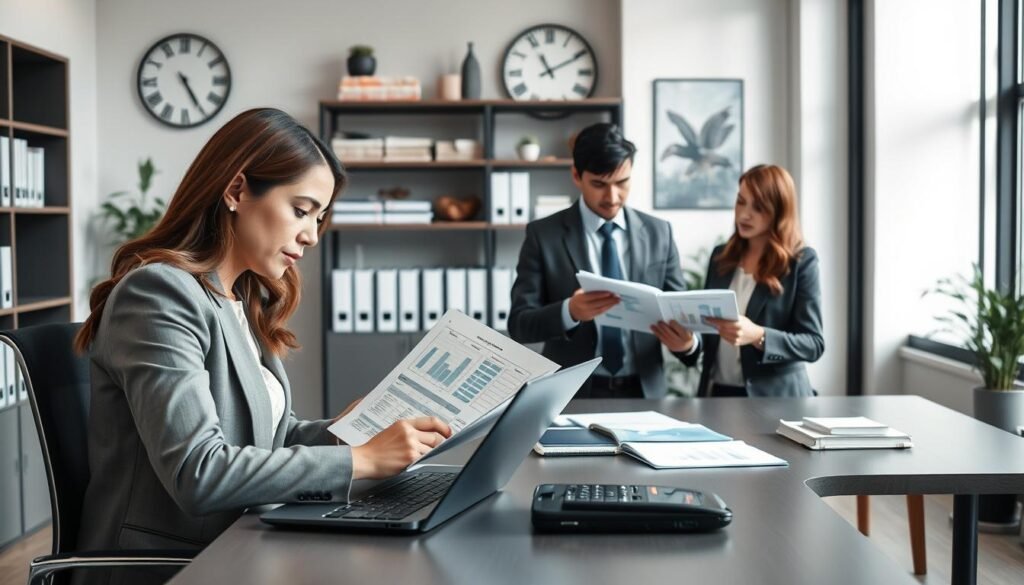 A professional office environment showcasing an integrated scene of accounting and secretary services. In the foreground, a businesswoman in professional attire is attentively reviewing financial documents at a modern desk, with a laptop open and a calculator nearby. The middle ground features a collaboration area with another individual, dressed sharply in business casual, discussing charts on a digital tablet, highlighting teamwork in accounting management. The background includes shelves with neatly organized files, an elegant clock, and wall art that conveys a corporate atmosphere. Soft, natural lighting filters through large windows, creating a calm yet focused ambiance. The composition should reflect a sense of efficiency and professionalism, ideal for illustrating the seamless integration of accounting and secretary services.