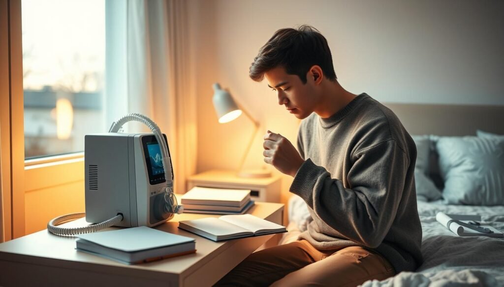 A serene study environment featuring a student adjusting a CPAP (Continuous Positive Airway Pressure) machine on a bedside table, symbolizing the relationship between sleep apnea management and academic success. In the foreground, the student, dressed in cozy but modest casual clothing, is intently focused on the device, showcasing determination and focus. The middle layer displays a well-organized desk with textbooks, notebooks, and a laptop, illuminated by warm, inviting light. In the background, a softly lit bedroom with calming pastel colors reinforces a peaceful atmosphere, with a window showing a tranquil outdoor scene. The overall mood is one of tranquility and purpose, blending health and study, captured from a slightly elevated angle to emphasize the environment and the academic setting.